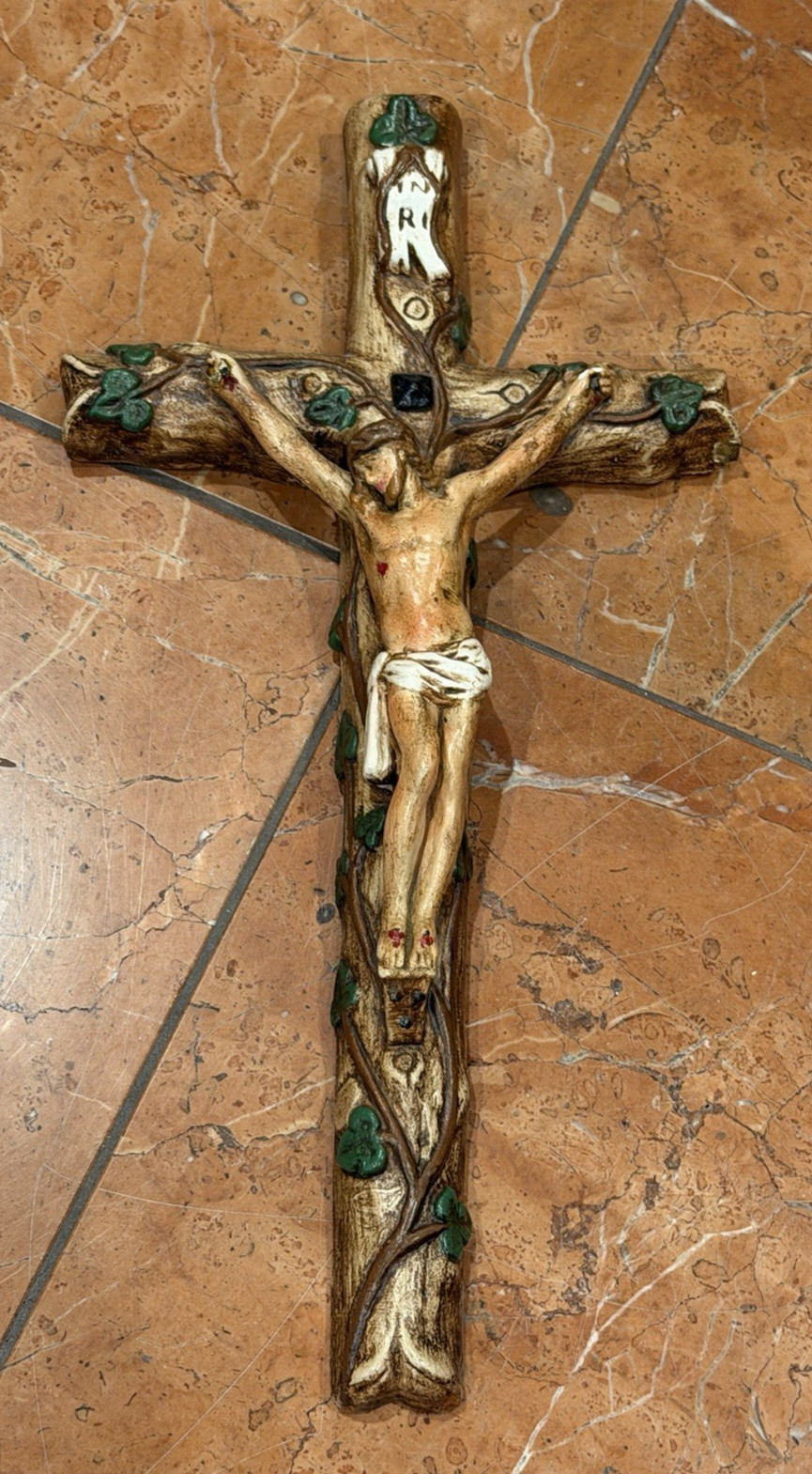VINTAGE PLASTER OF PARIS SPIRITUAL CROSS JESUS TREE VINE WALL ART 12\