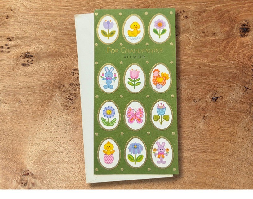 Vintage Hallmark Easter Card for Grandfather, Bunny Chick Easter Eggs, Gold Acce