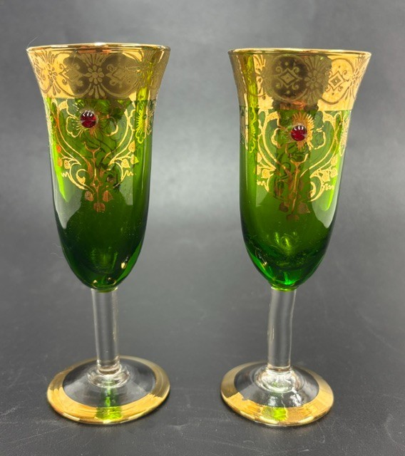 x2 Vintage Green, Gold, Jeweled Bohemian Sherry Cordial Glass 5\