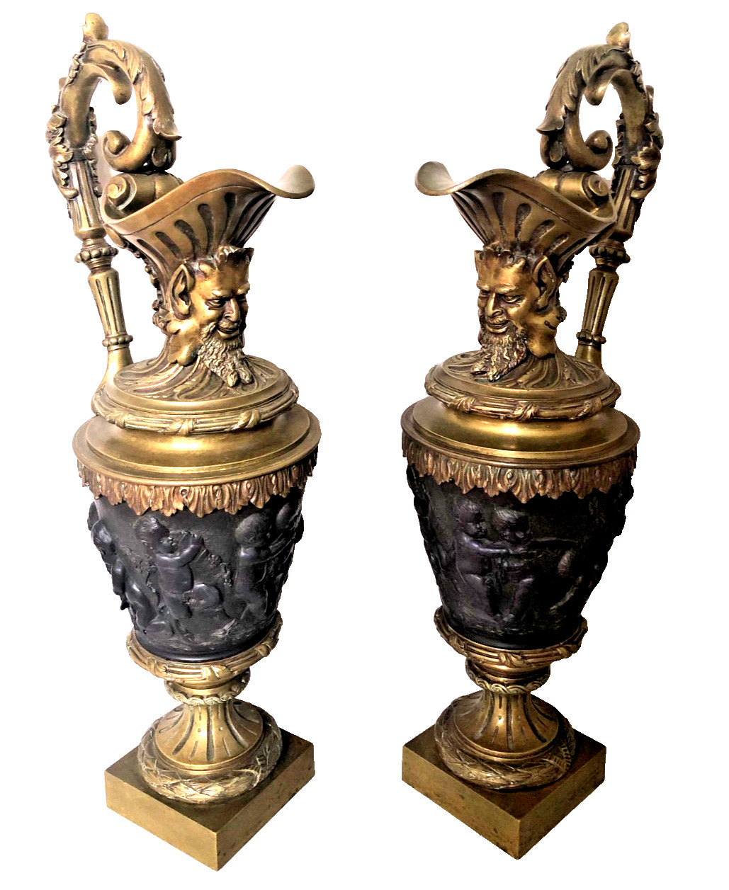 Pair of Antique French Renaissance Revival Large Patinated Bronze Ewers.