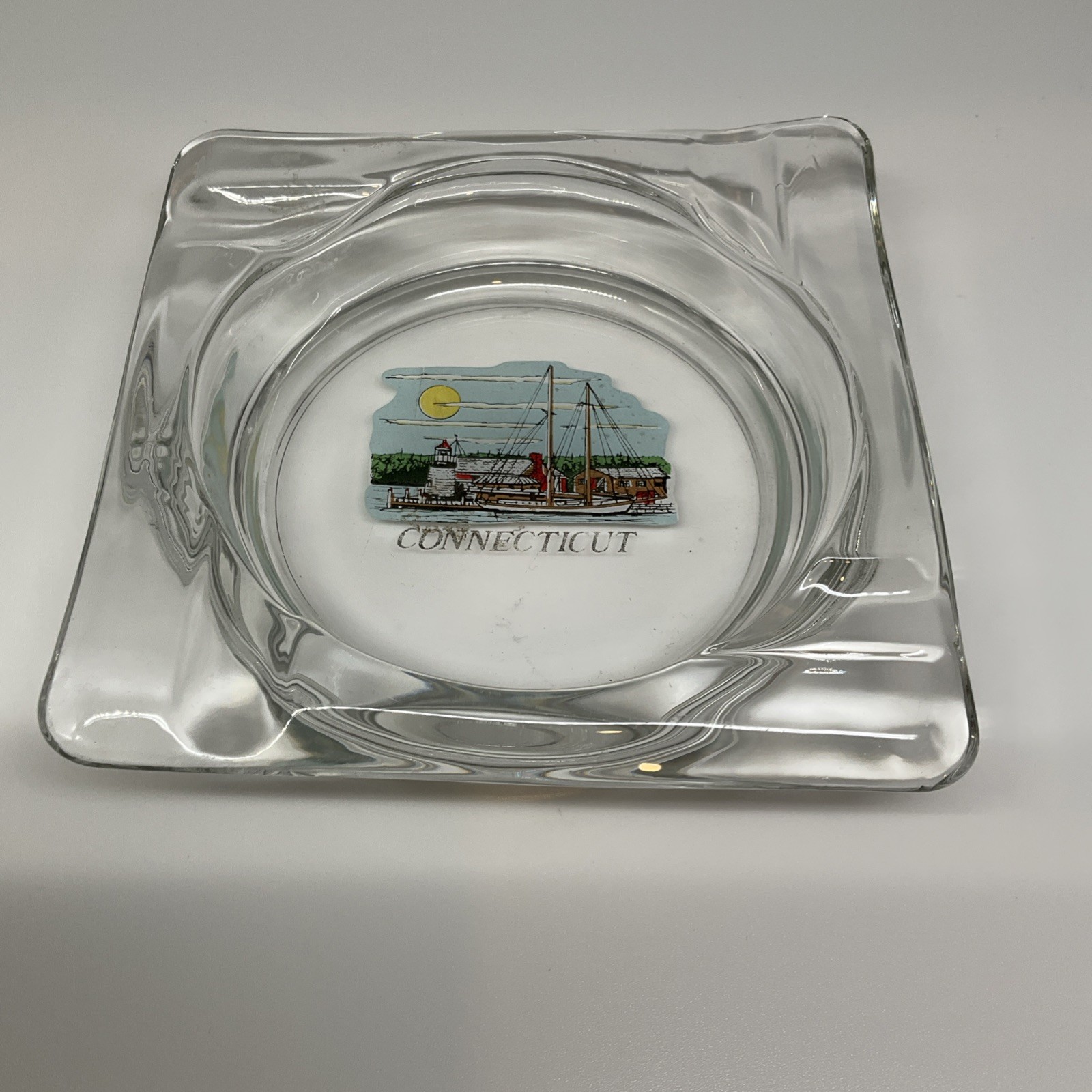 Connecticut Souvenir Glass Ashtray Square Clear Vintage Sailboat Lighthouse