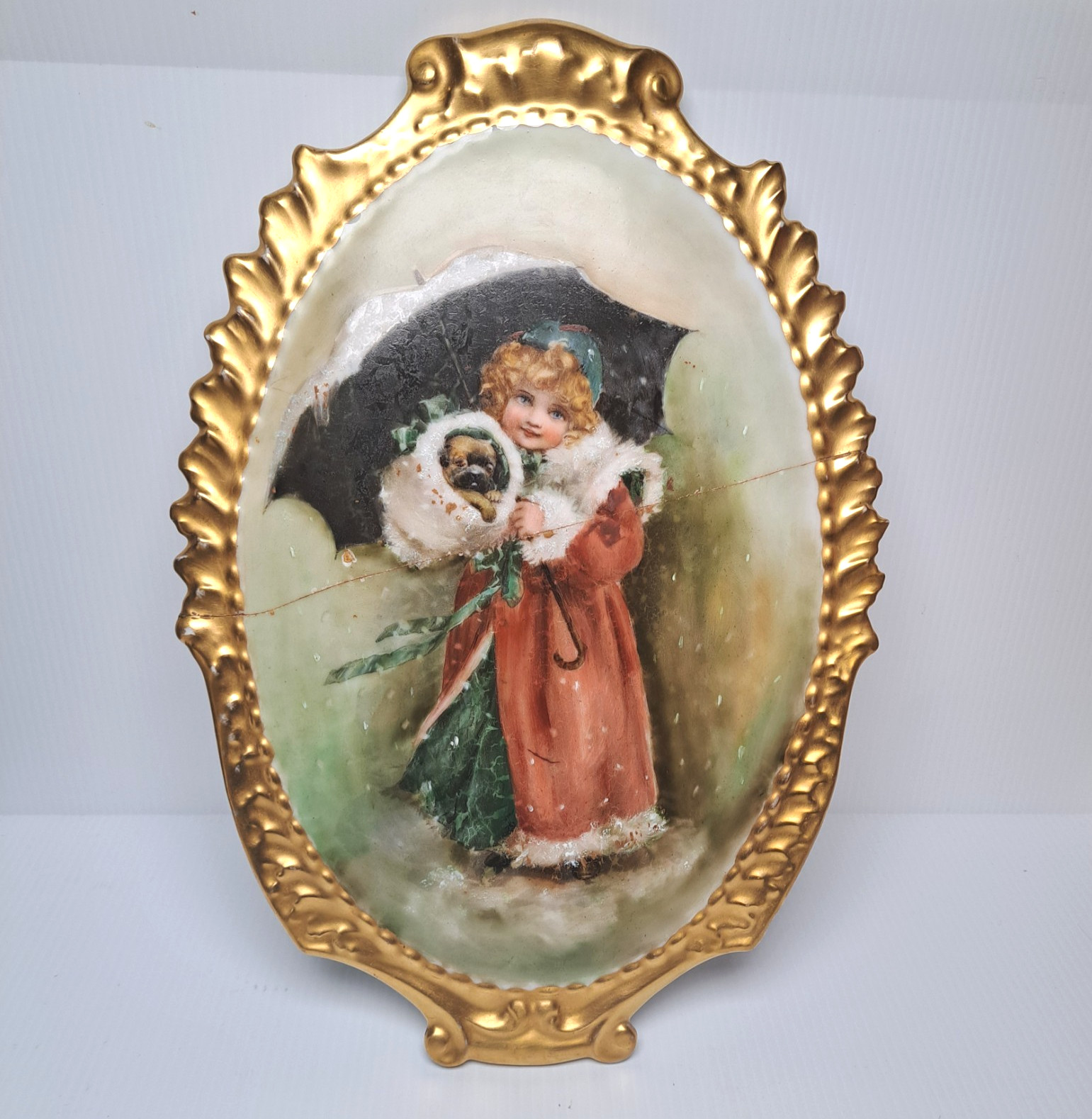 Antique Limoges Hand-Painted Wall Porcelain Plaque Girl Holding Dog 13.5x9.25\
