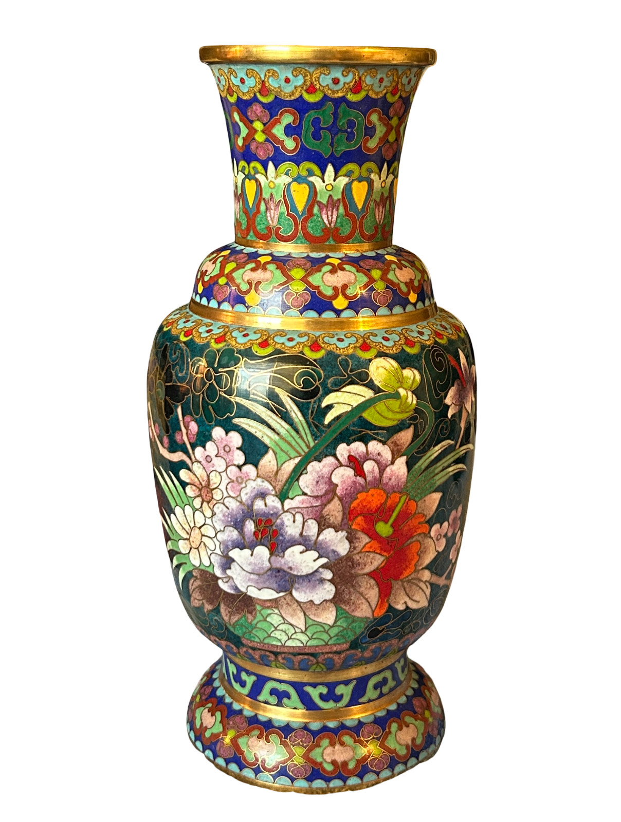 Vintage Chinese Cloisonne Floral, Enameled, Brass Vase 10