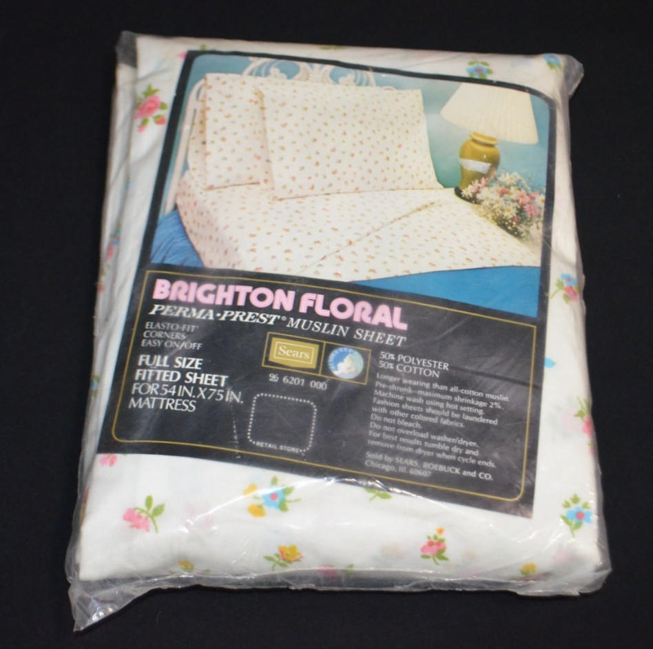 Vintage 1970's Sears Brighton Press Full Size Fitted Sheet New Sealed Flowers