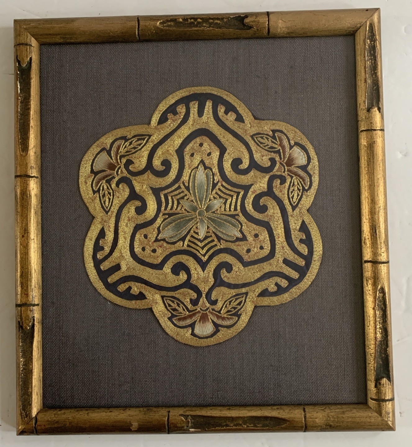 VTG Hand Stitched Gold Thread Silk Embroidered Guilded Bamboo Framed Art 12x10”