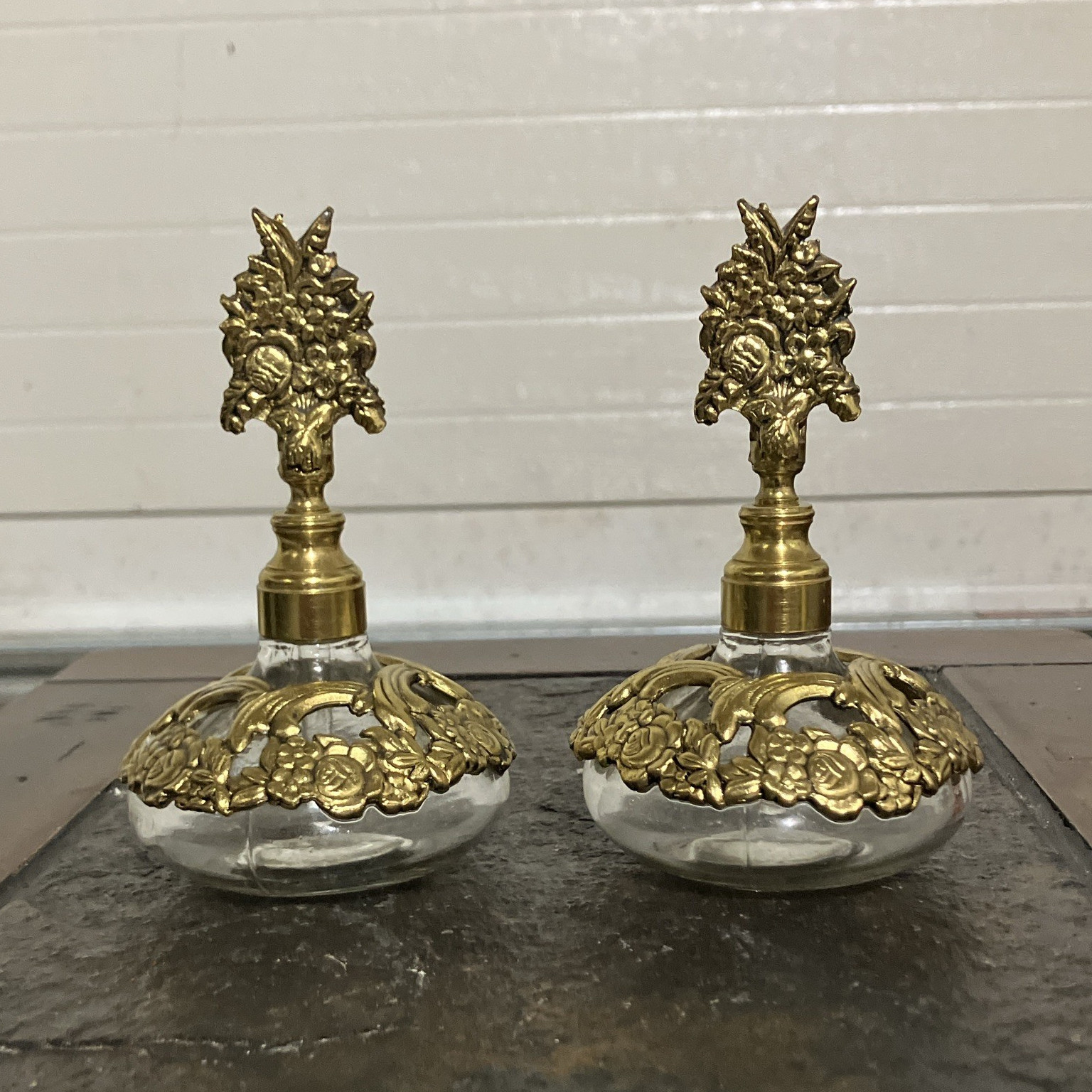 Pair of Vintage Hollywood Regency Filigree Glass Perfume Bottles.5” X 3”