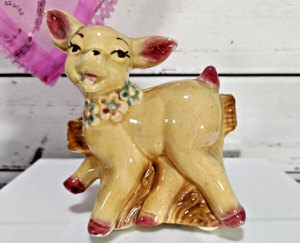 Vintage OPCO Ohio Pottery Pink Floral Deer Fawn Succulent Planter 5\