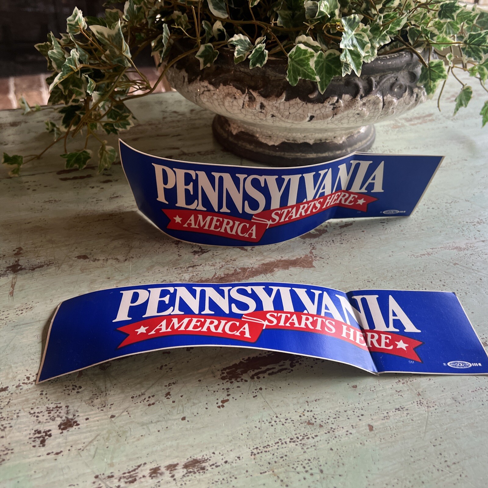 Set Of 2 VTG Pennsylvania - America Starts Here Souvenir Bumper Stickers 3 X 11”