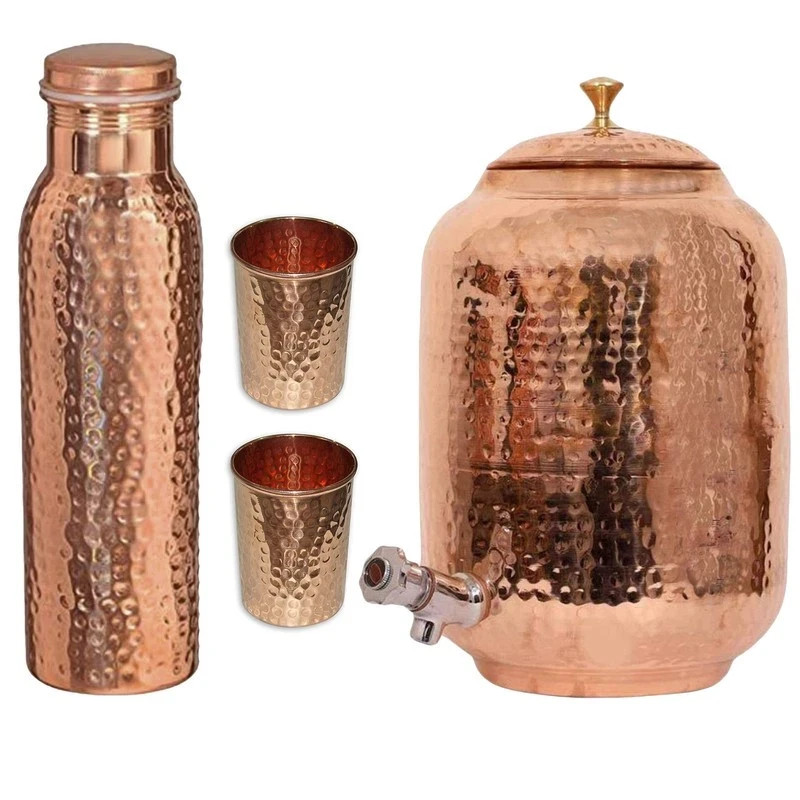 Handmade 100% Pure Copper Dispenser Water Pitcher Pot 12L With 2 Glass 1 Bottle