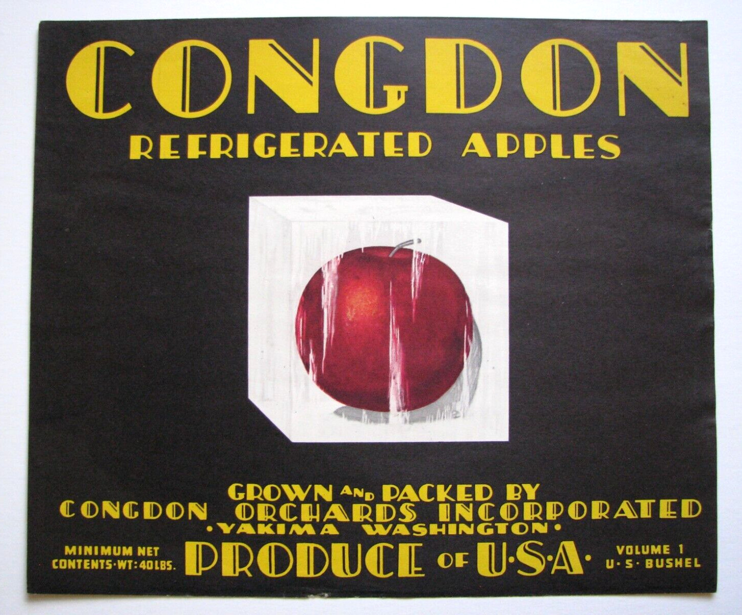Original 1930s CONGDON apple crate label Yakima Washington ice cube 40 lbs 1 bu