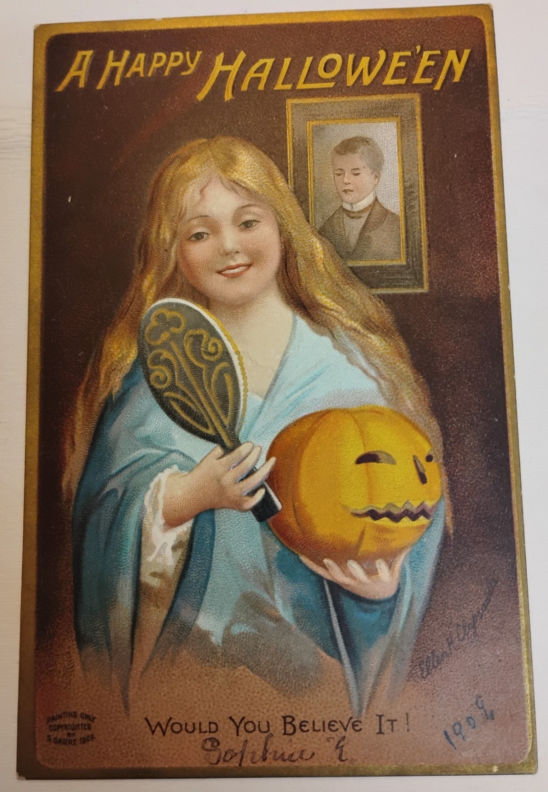 Antique Ellen Clapsaddle Girl Holding Pumpkin A Happy Halloween Postcard
