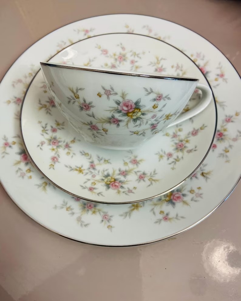 Vintage Noritake Trio Tea Set: Arlene Pattern Floral Porcelain with Platinum Tri