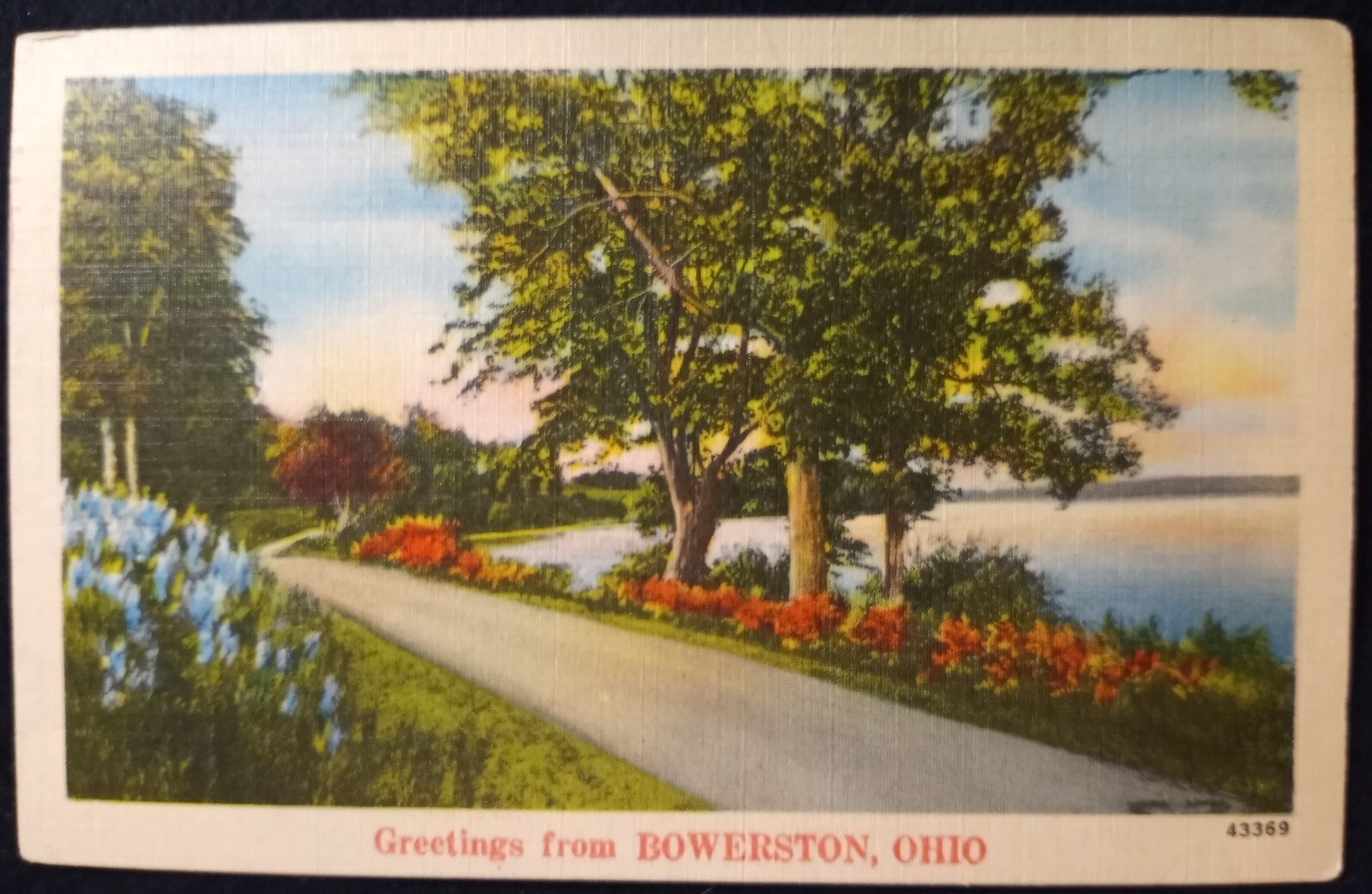 Gretting From Bowerston Ohio OH Harrison County Road Lake c1940s Postcard A25
