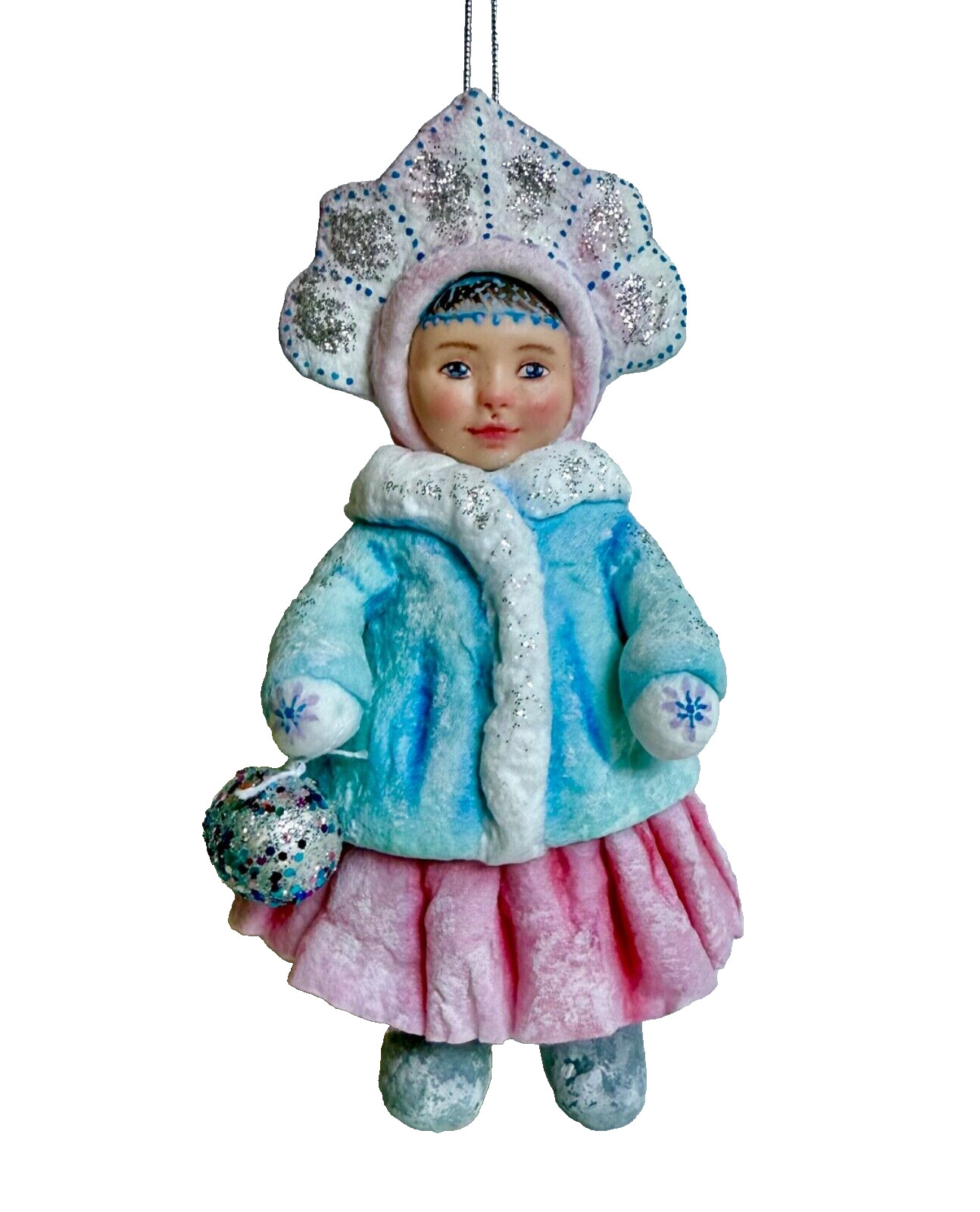 UNIQUE Hand Made Cotton Papier Mâché Girl Snow Maiden Christmas Ornament