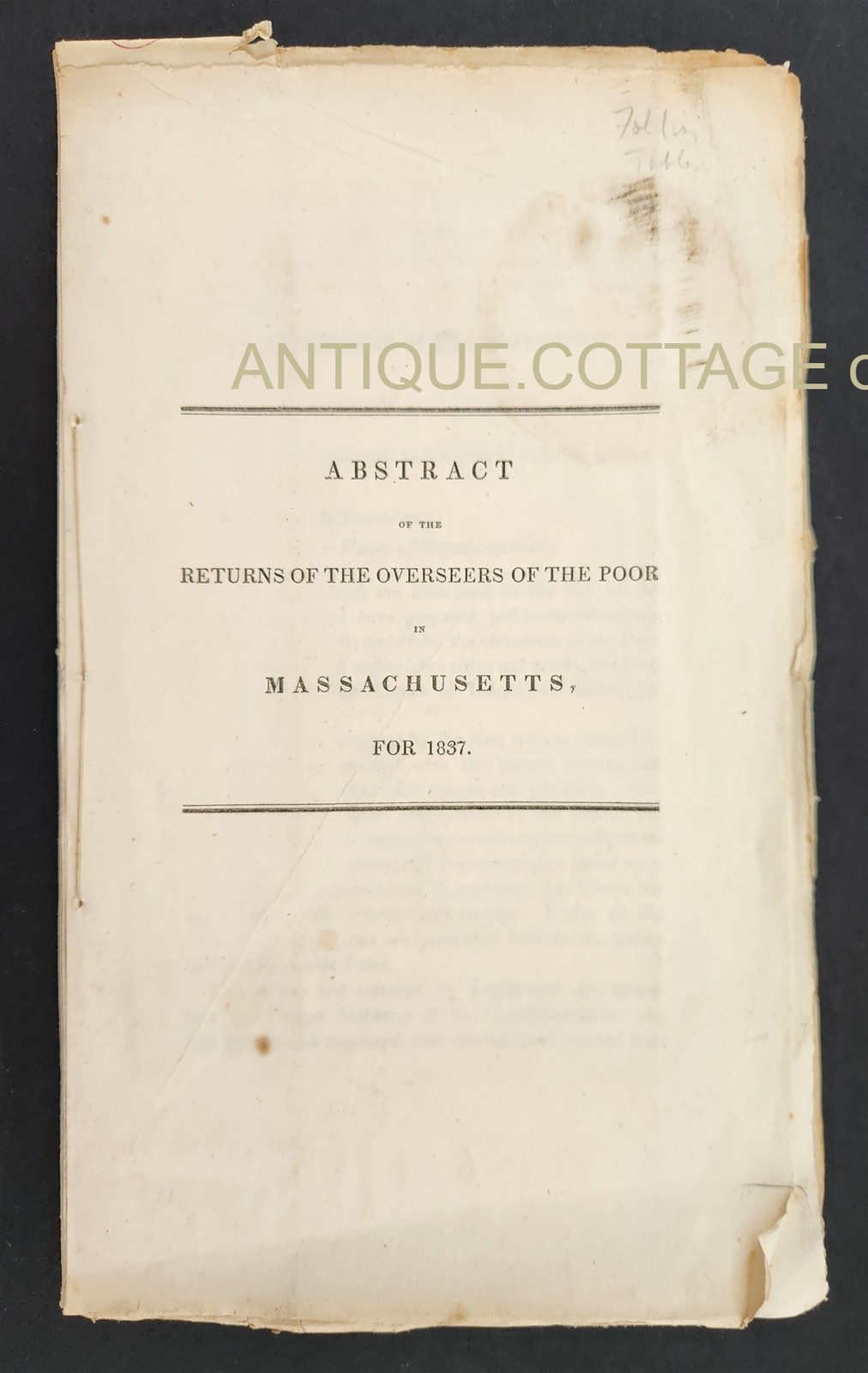 1837 antique OVERSEERS OF THE POOR of MASSACHUSETTS history returns abstract