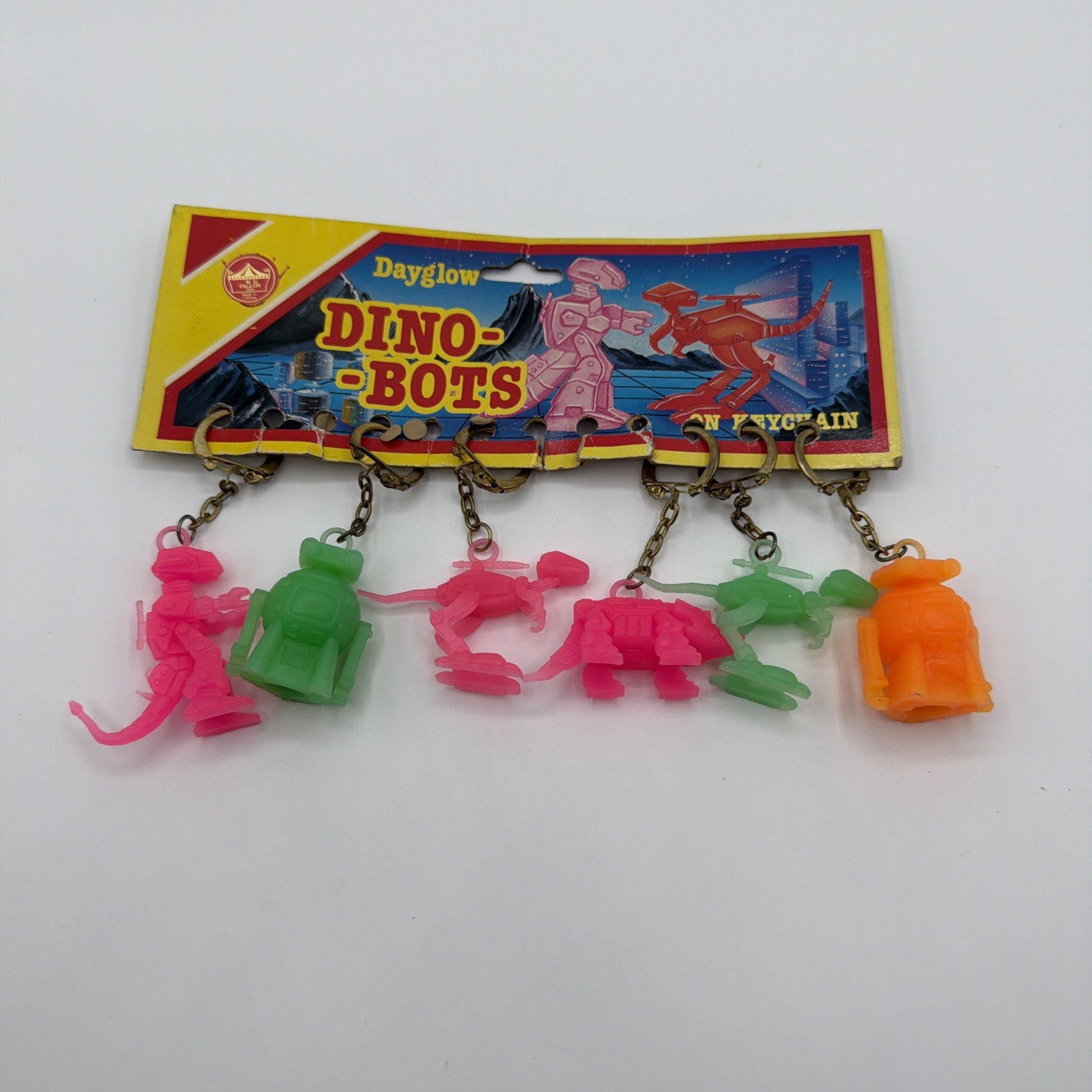 Vintage Dino Bots Keyrings on Card 80s Neon Robot Dinosaur Mini Figures Toy