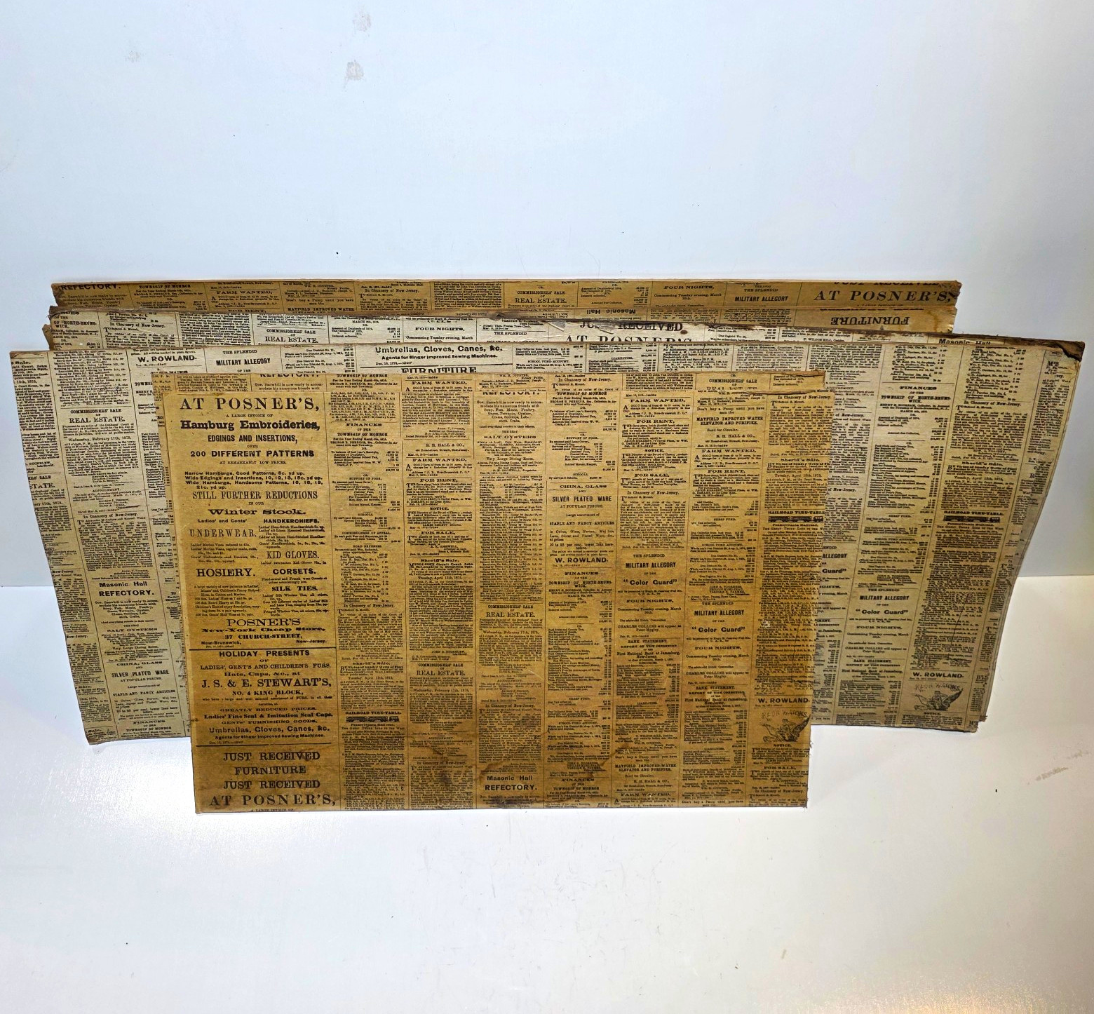 Lot of 6  1875 Antique New Brunswick NJ Newspaper Pages Mounted Wood Board