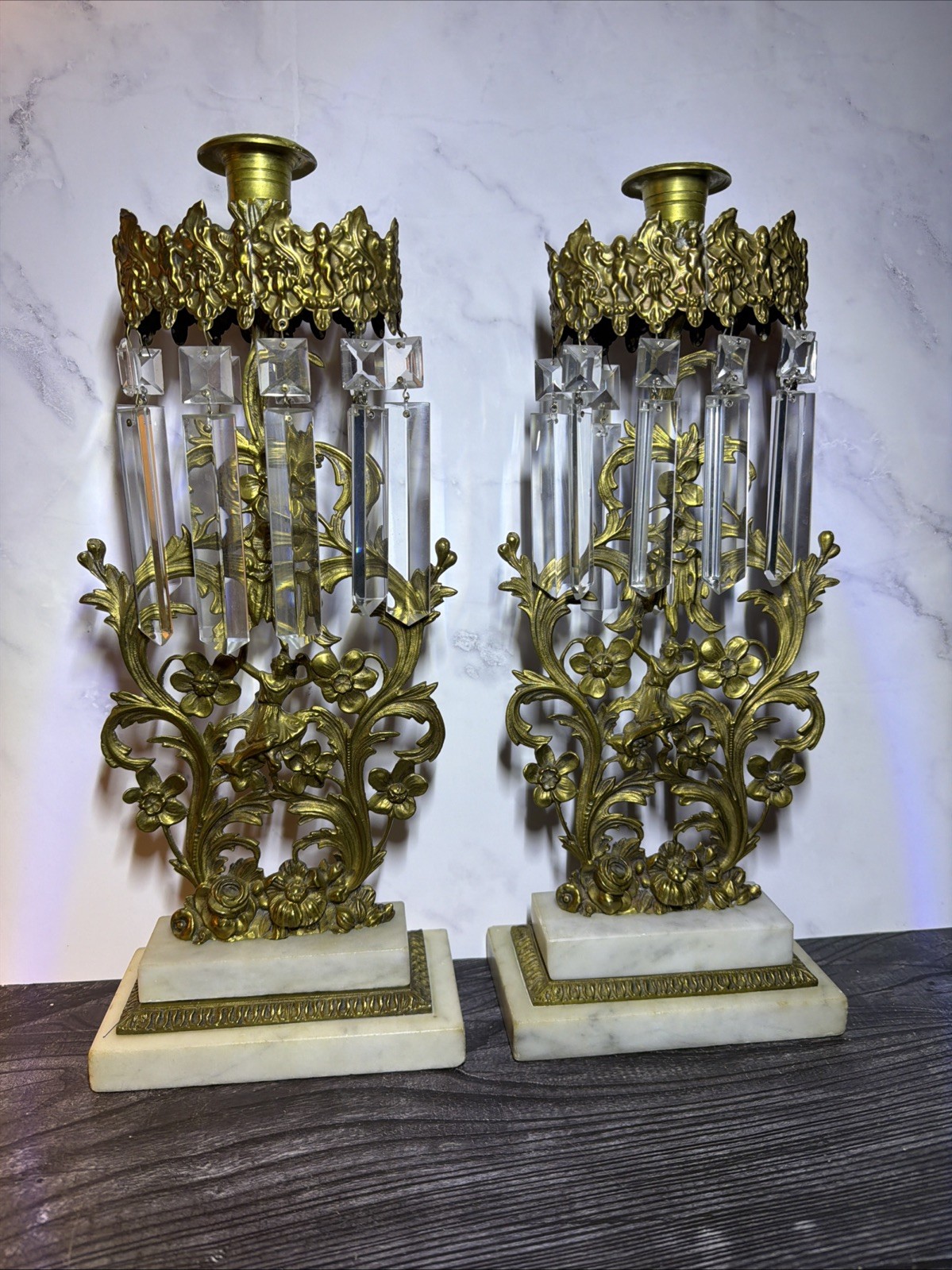 (2) Antique Victorian Brass Girandole Candelabras 15.5