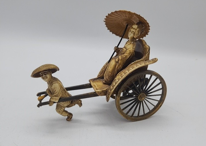 Vtg Japanese Celluloid Rickshaw Figurine Man Pulling Geisha Girl Parasol Japan