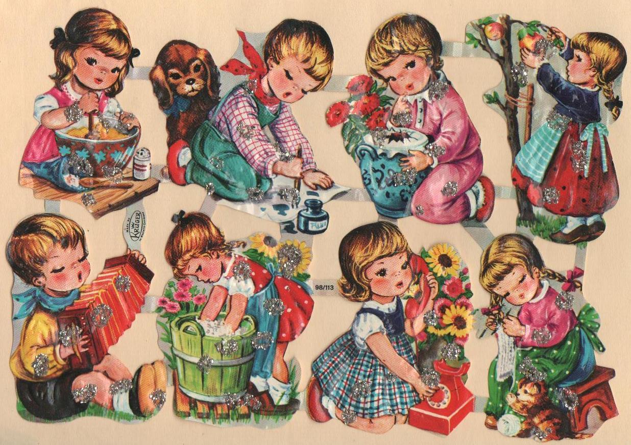 Lot of 10 Vintage german die cut scraps sheets Kruger 98 with glitter