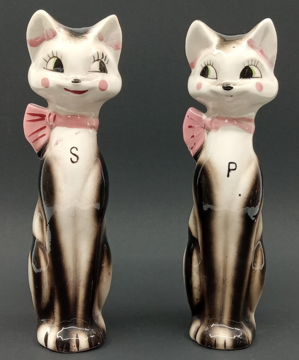 Anthropomorphic Tabby Cats Salt & Pepper Set Napco 1950\'s Japan Tallboy Longboy