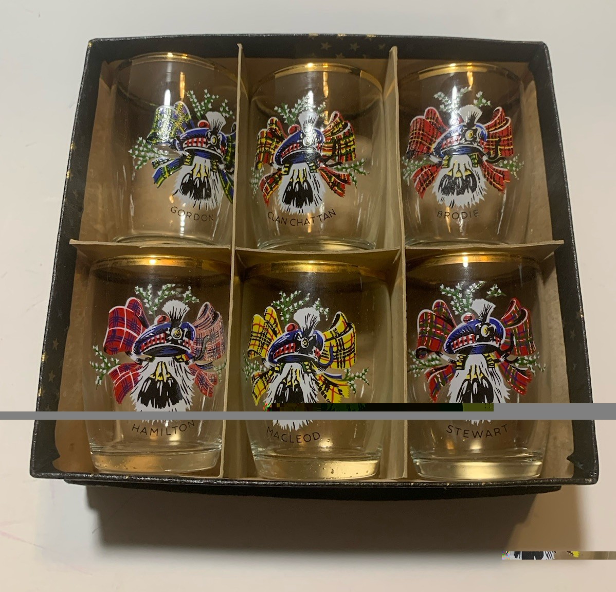 (6) Vintage Gold Rim Shot Glasses Scottish Heritage Clan Tartan Tam O’ Shantar