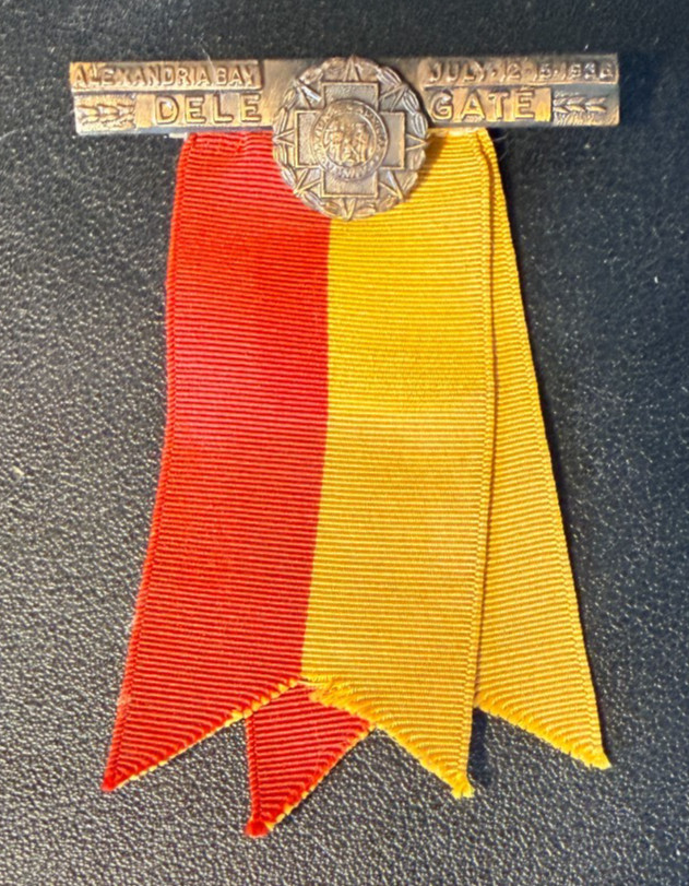 Vintage 1936 Alexandria Bay Delegate Pinback Button Badge with Ribbon