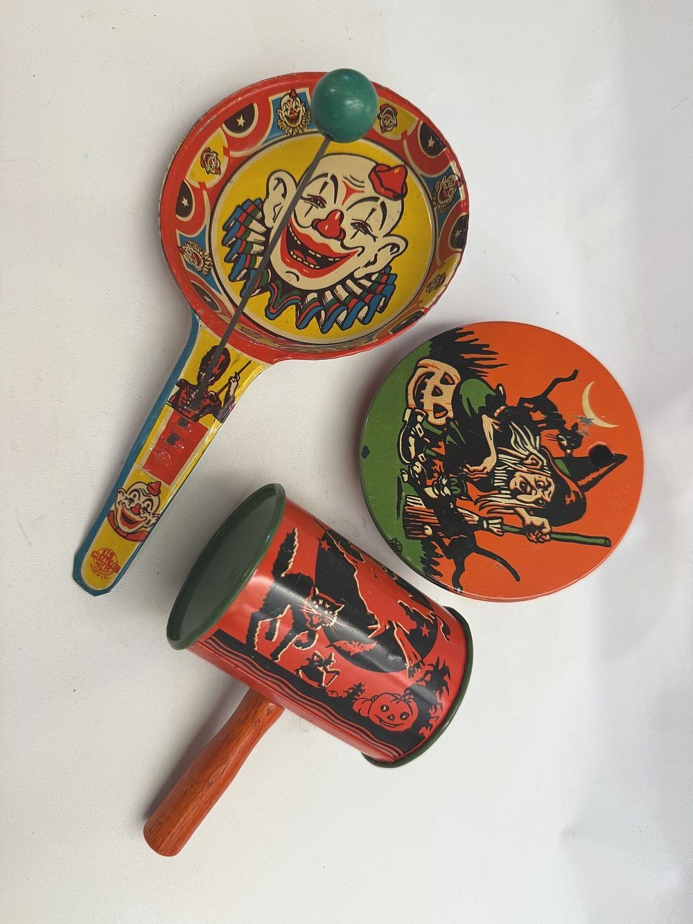 Vintage 1930s 1940s Halloween Noisemaker, US Metal, Toy, Tin Litho Clown lot 3