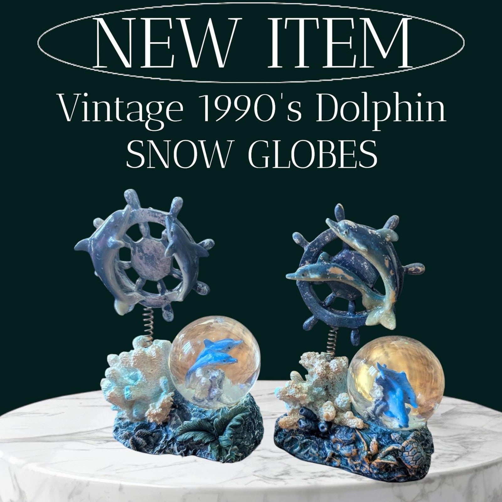 Vintage 90s Dolphin Water Globe – Nautical Ship Wheel Statue