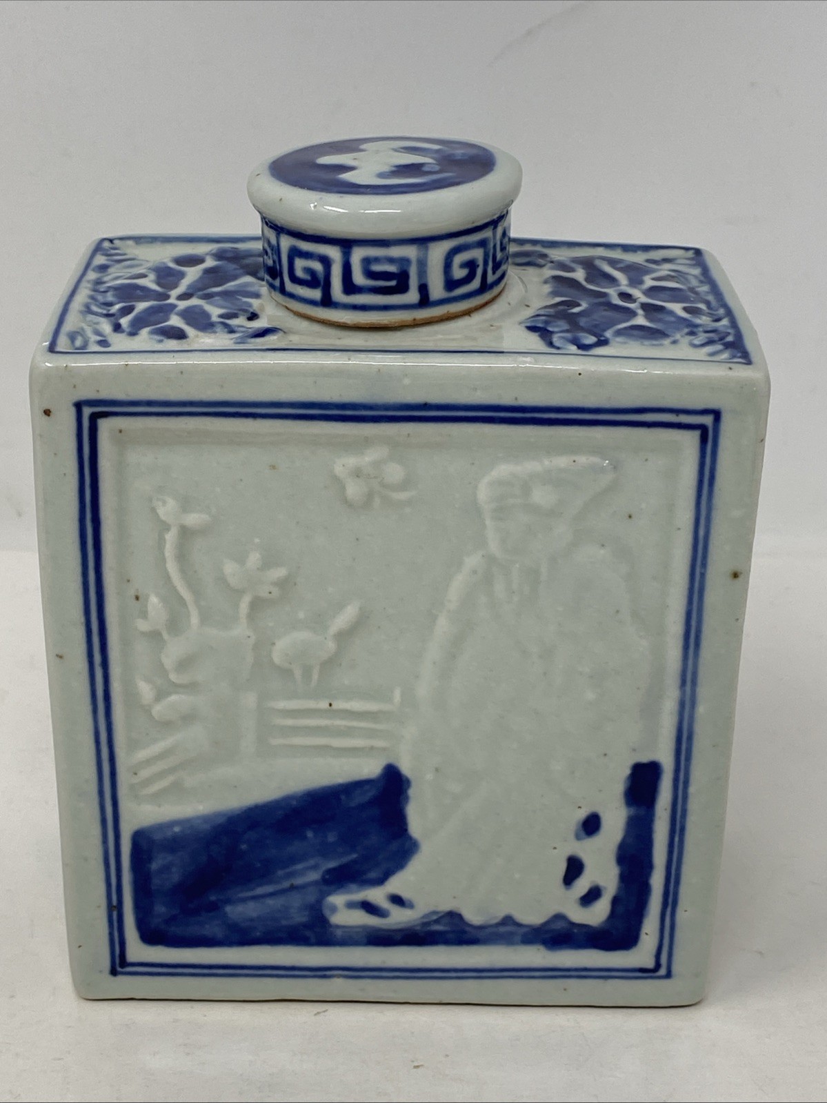 Vintage Chinese Porcelain Blue & White Chinoiserie Tea Caddy Rectangular W Lid