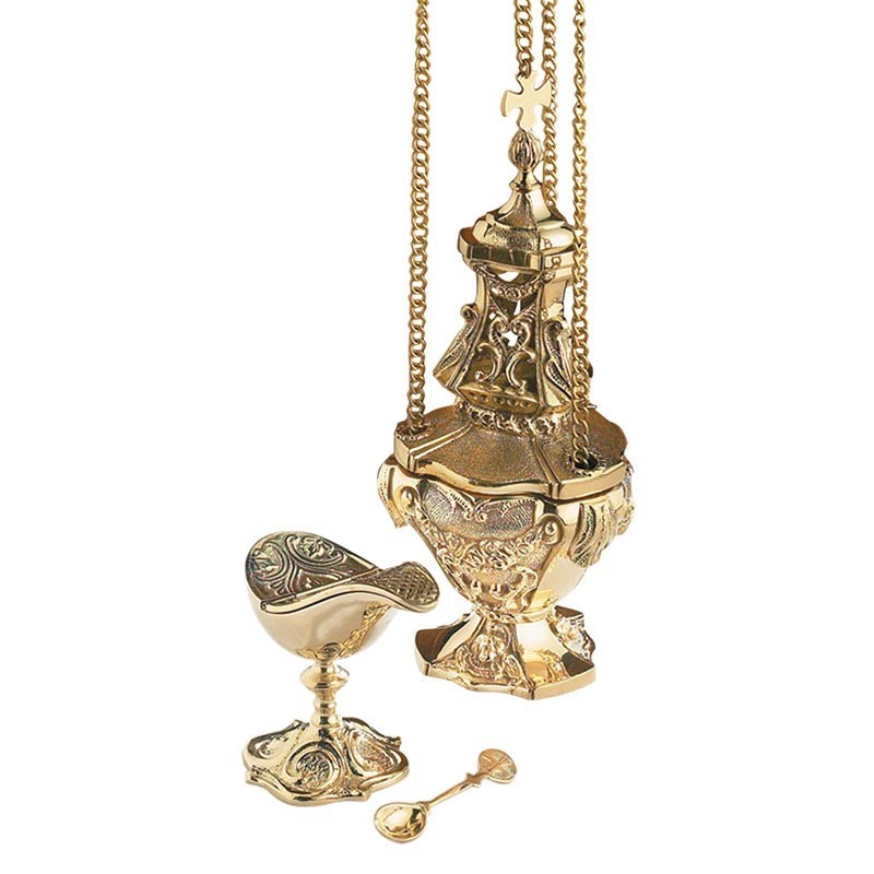 Ornate Brass Censer With Boat Set Church Incense Burner Religious Accessory