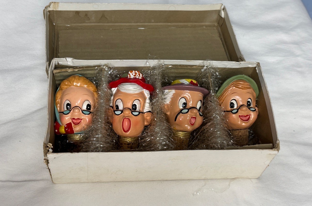 4 Set Vtg 50s Enesco Cork Bottle Stoppers Box Old Ladies Grandma