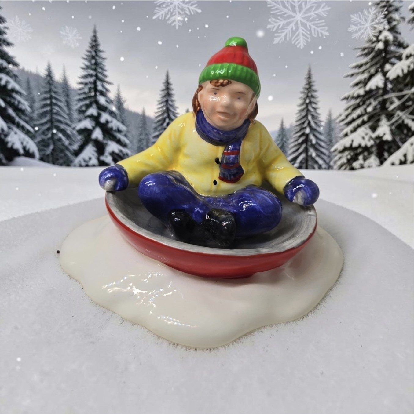 Dept 56 Vintage Snow Village Saucer Sledding Boy Child Figurine Red Sled Taiwan