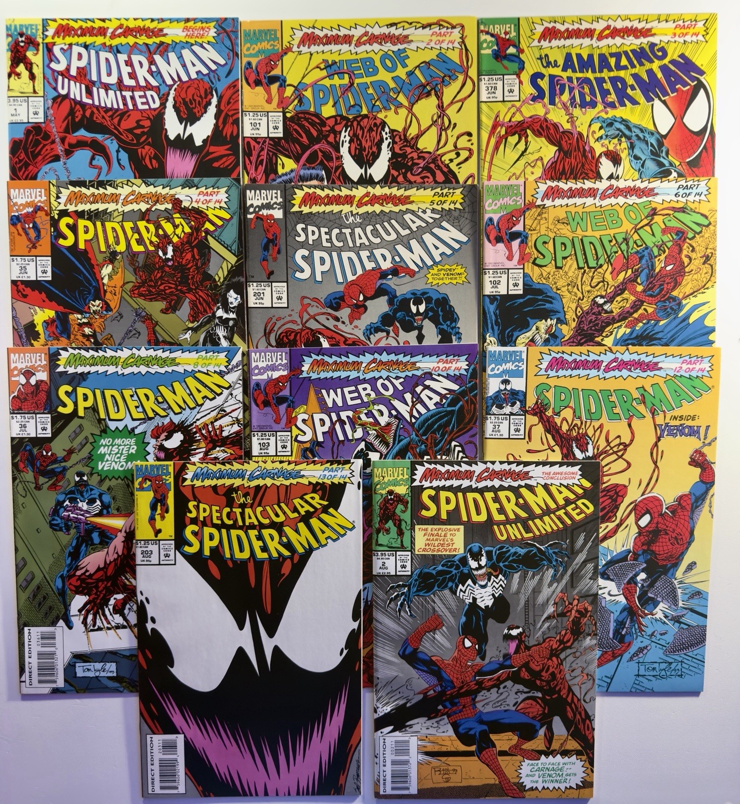 Maximum Carnage Lot 11/14 Books Marvel 1993 Spiderman Unlimited 1 2 Key Issues