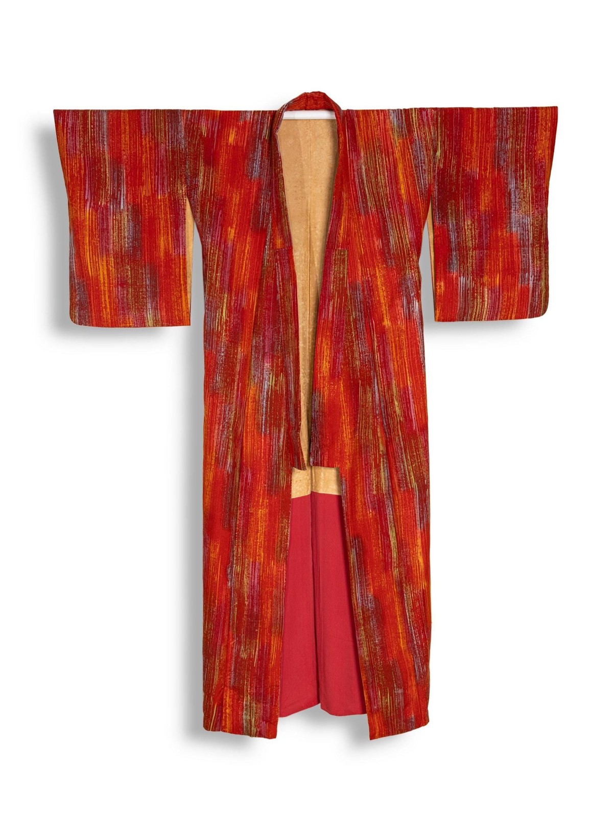 Vintage Japanese Silk Kimono: Red Abstract Print Komon with Lining