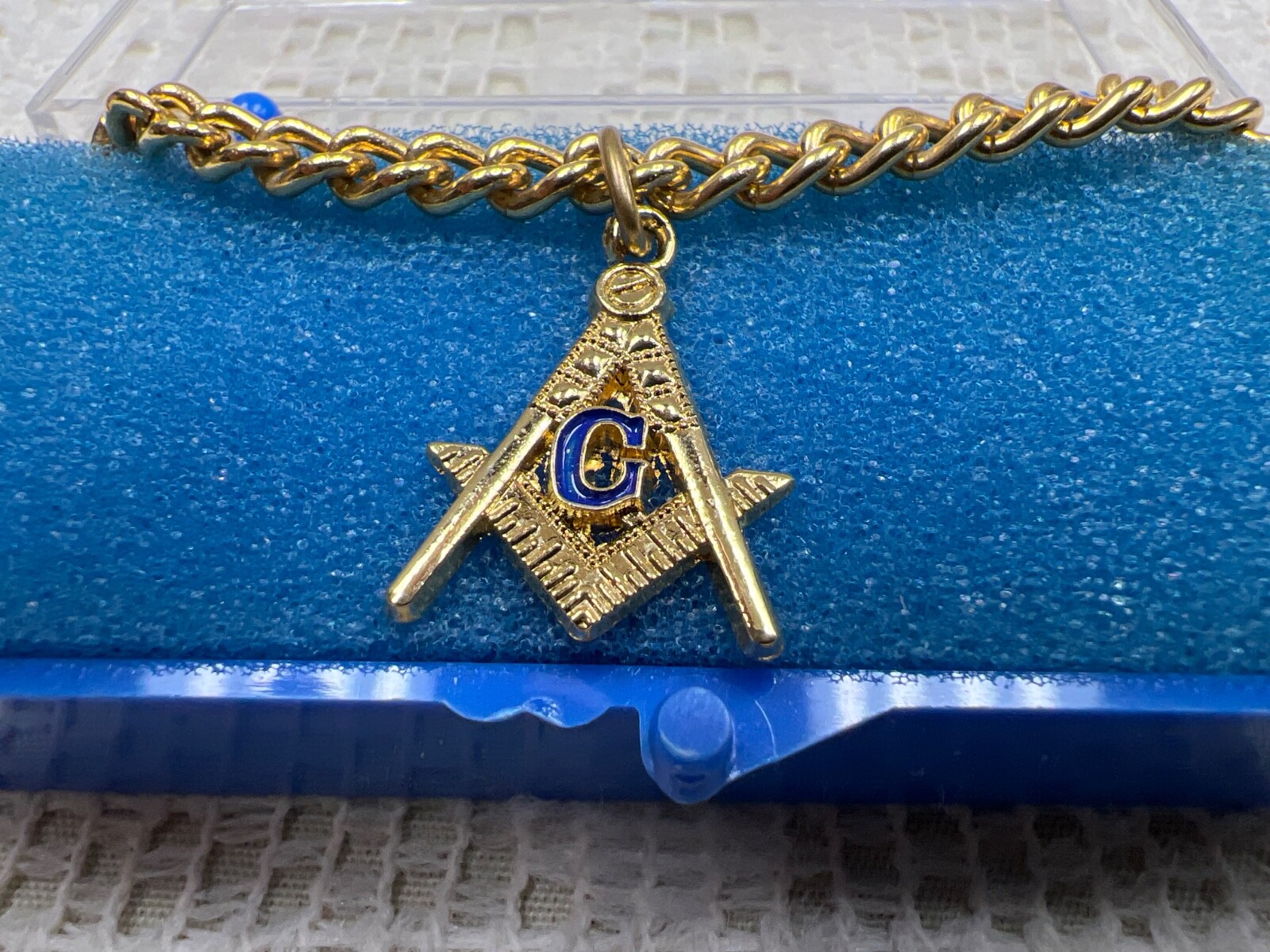 Freemason Blue G Square & Compasses Masonic Tie Chain Button Loop w/Case Dangle