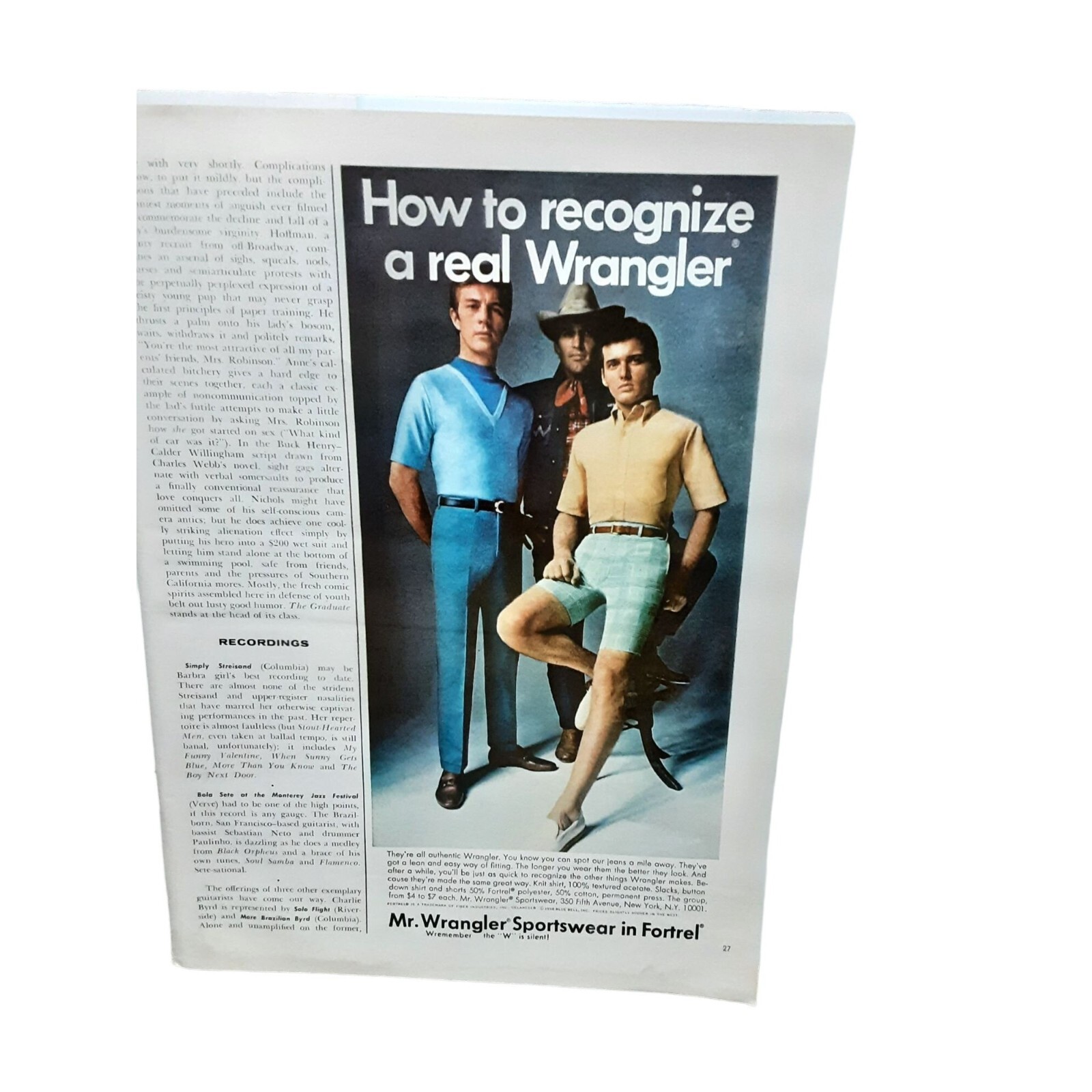 Vintage 1968 Mr Wrangler Sportswear Original Ad epherma