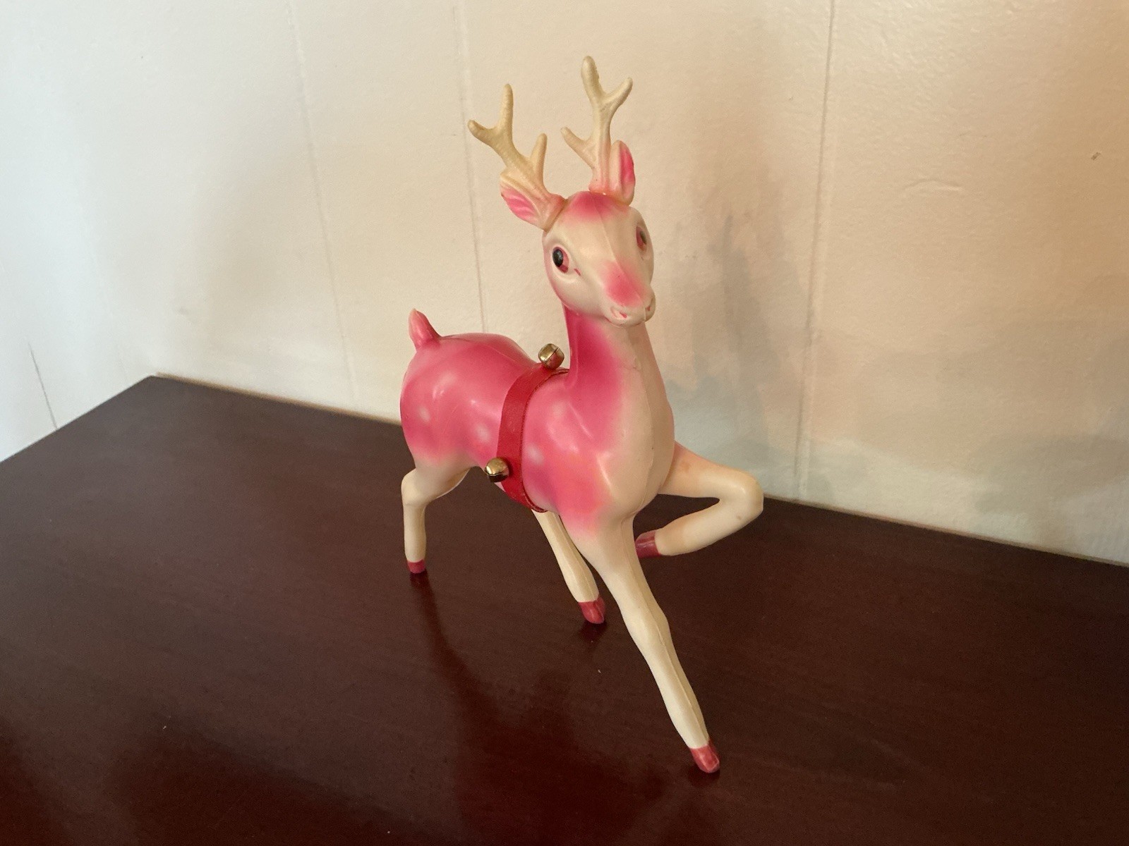 VINTAGE LARGE PINK CELLULOID REINDEER WITH BELLS
