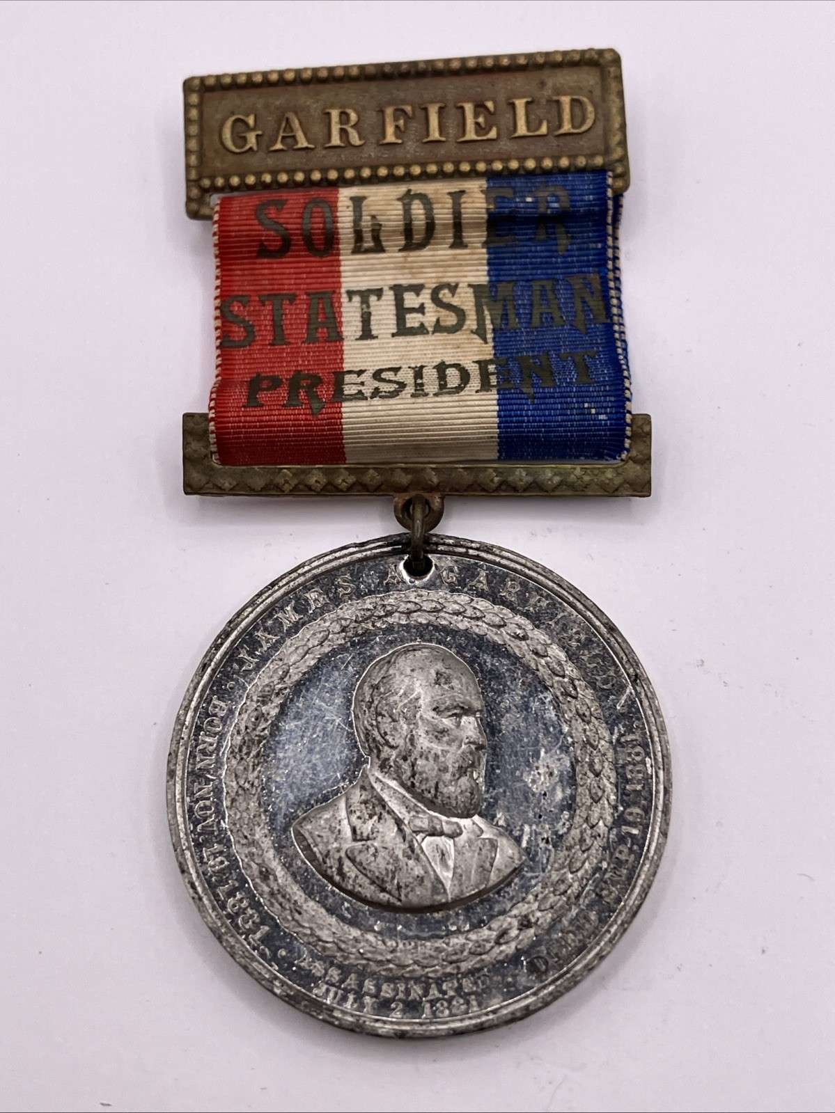 1890 President James Garfield Assassination Mourning Medal Badge White Metal