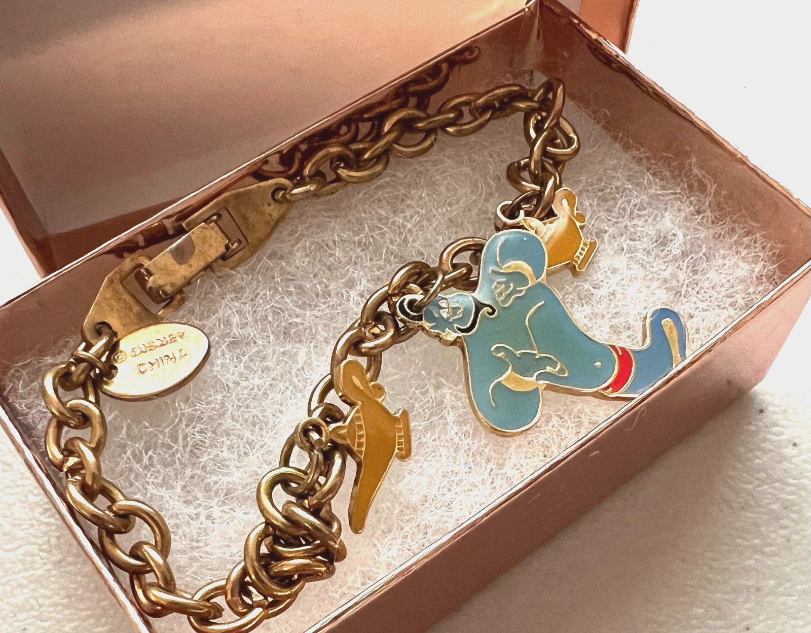 Disney Gold Tone Aladdin Enamel Charm Bracelet 6.5” Genie Lamps Vintage 90s