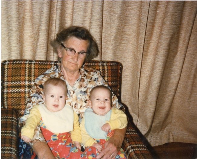 Vtg 1970s Found Photo Grandma Holding Happy Twin Babies Snapshot