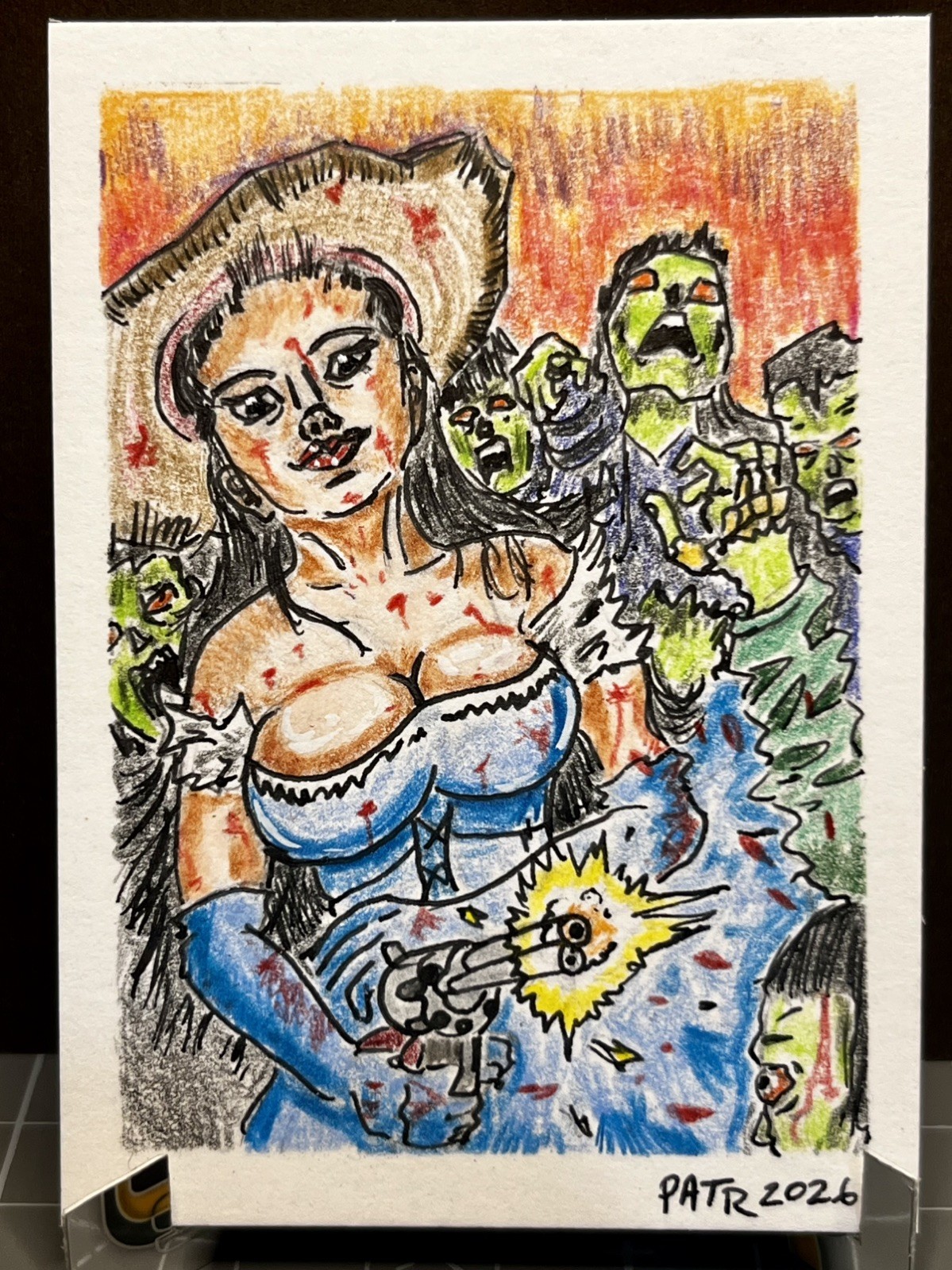 ACEO Original Hand Drawn Ooak Sketch Card Cowgirl Horror Halloween 1/1 Signed 