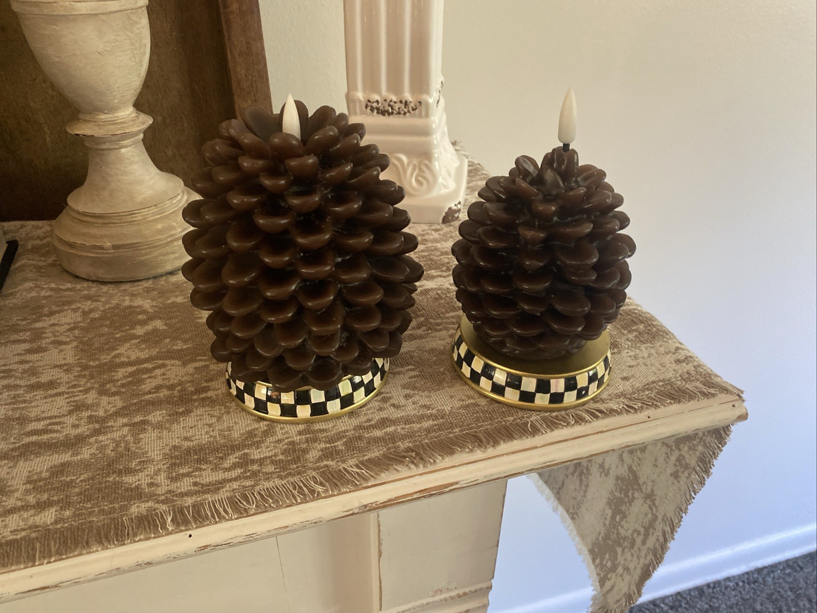Mackenzie Childs Pinecone Flameless Candles Set Of 2 Courtly Check New In Box