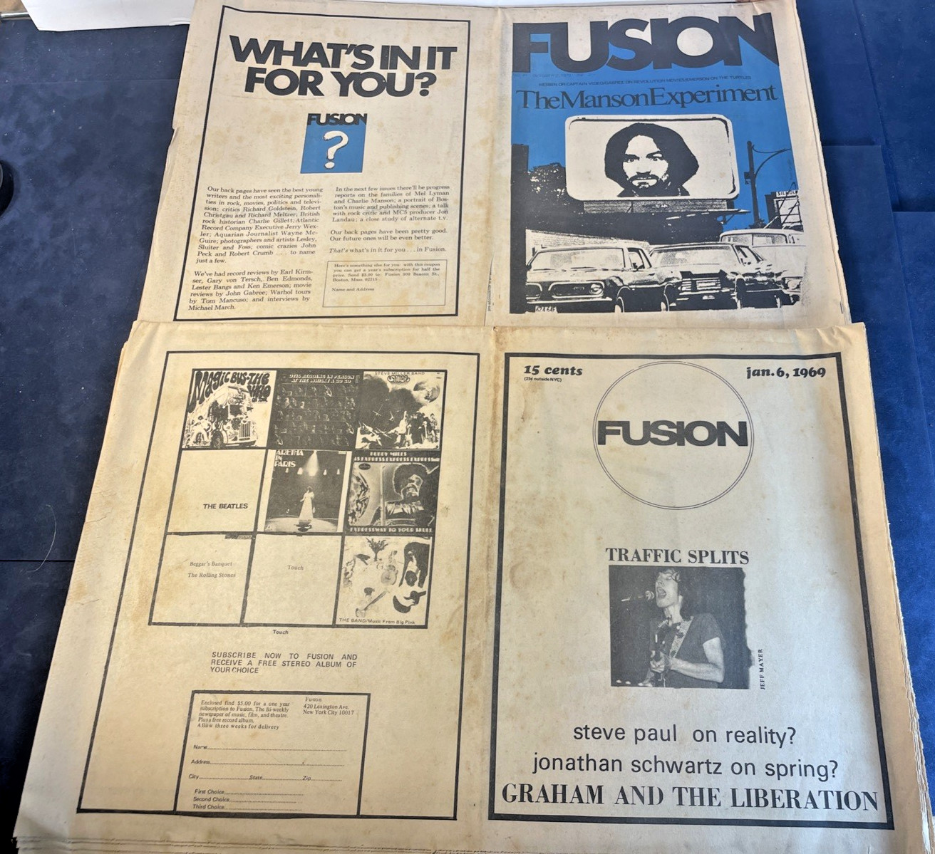 Vintage Fusion Underground Newspaper Lot (2) 1969 1970 Rock Music DNC Manson