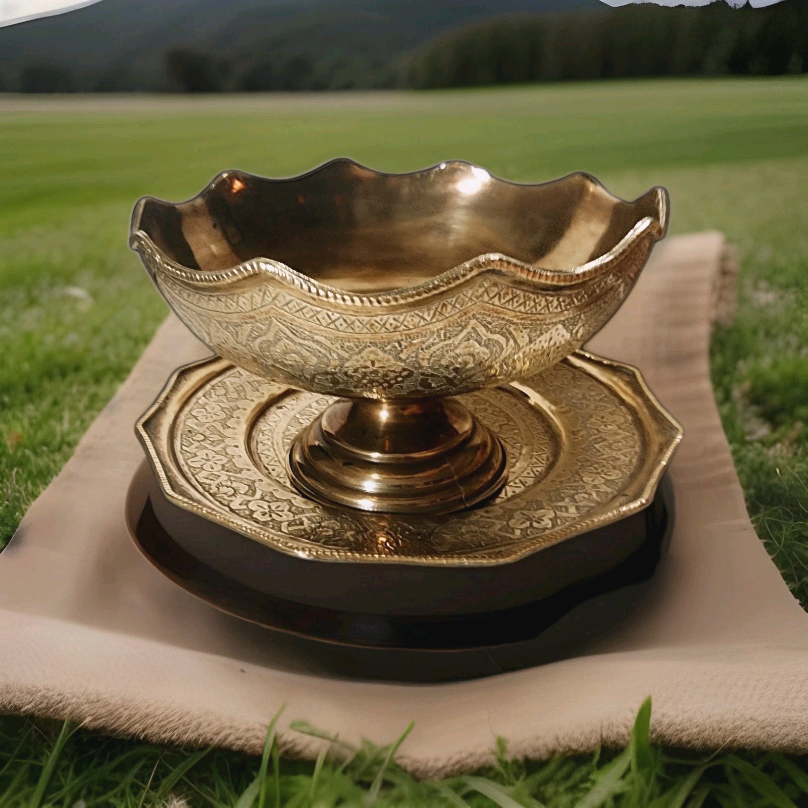 Exquisite Early 20th Century Persian Brass Bowl & Plate Set - Hand-Etched 