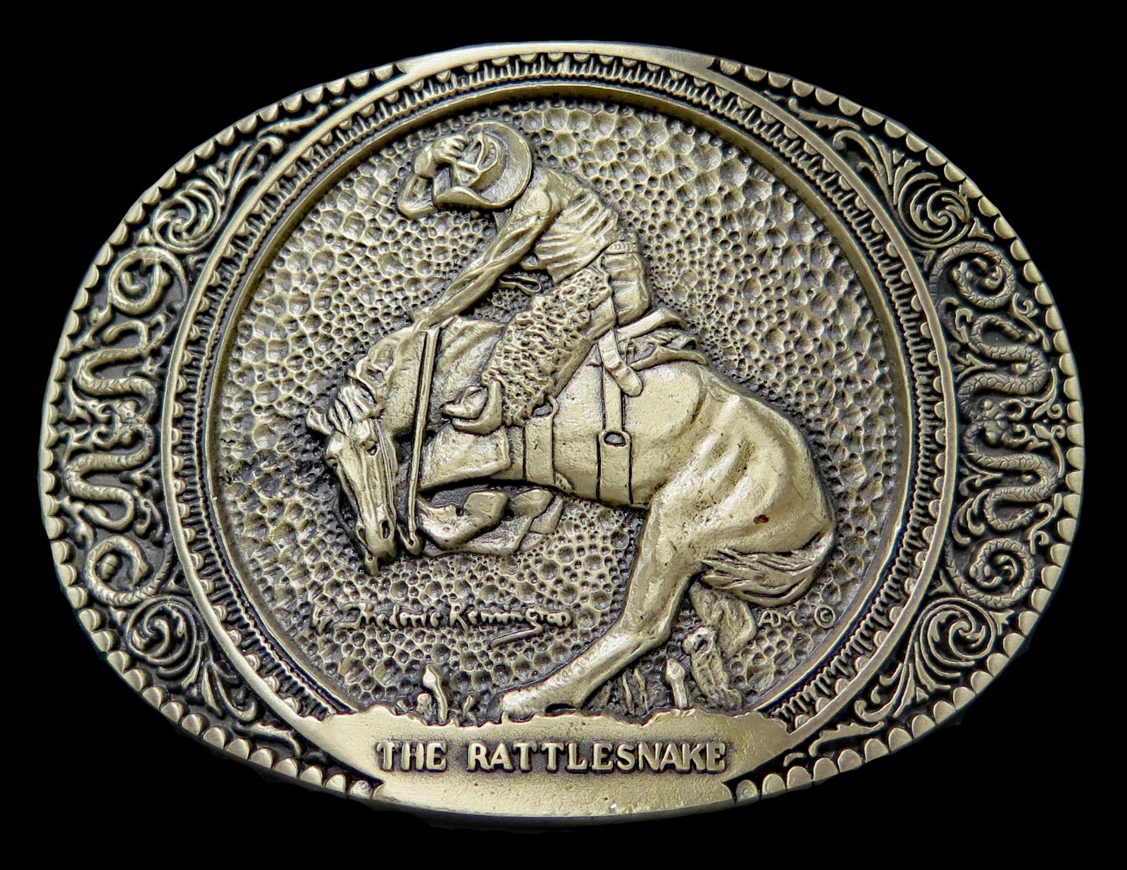 Vintage 1982 Frederic Remington The Rattlesnake Solid Brass Belt Buckle ADM