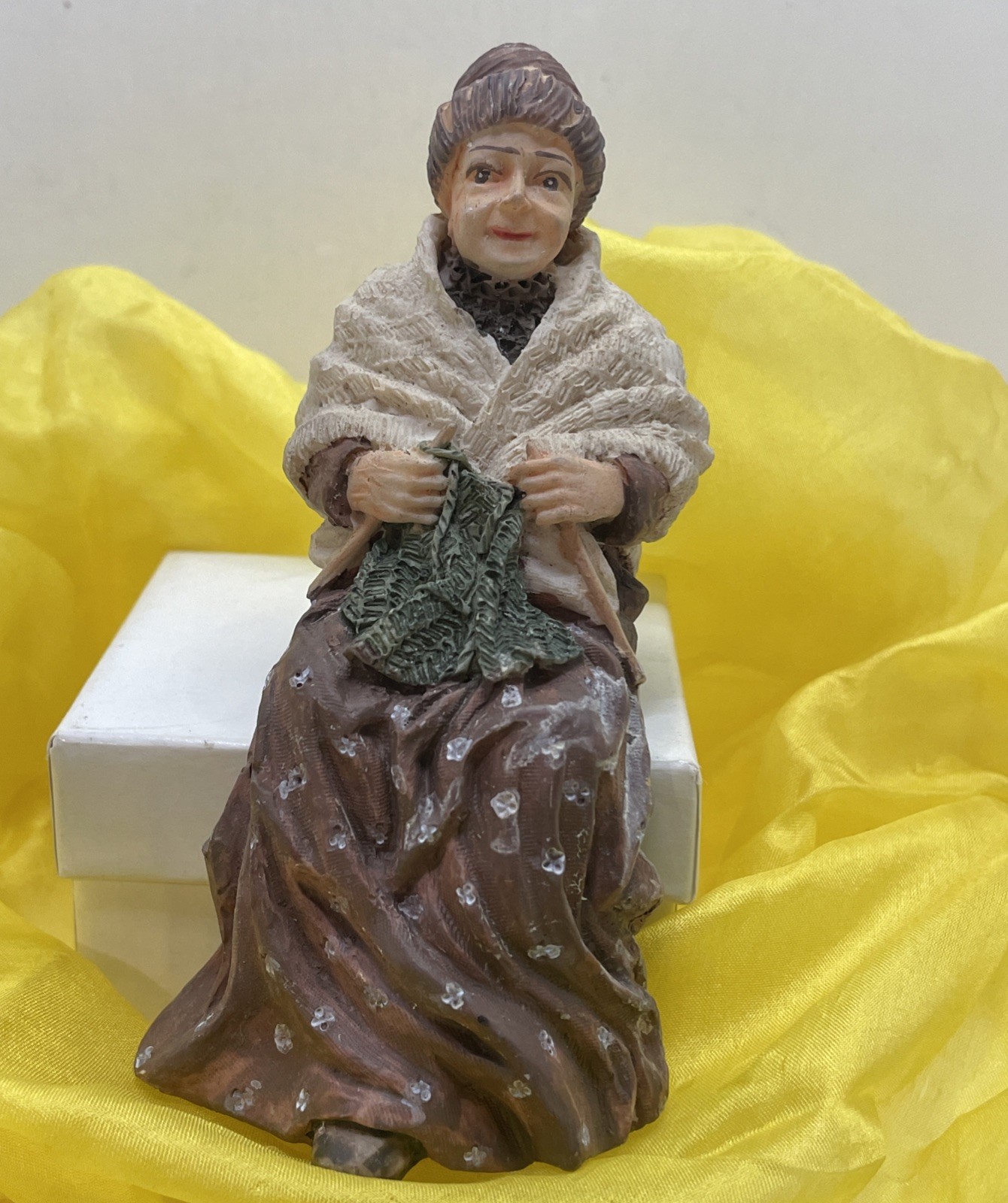 Artisan Doll House Fig. Sitting Down; Elderly Woman Knitting~VTG