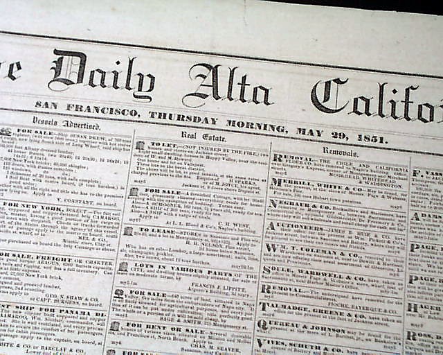 Very Rare & Early OLD WEST San Francisco California GOLD RUSH ERA 1851 Newspaper