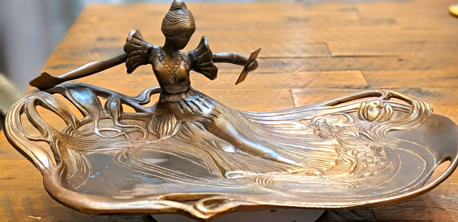Antique Art Nouveau Bronze Card Tray Maiden Reading WMF Design 219 C Stamp