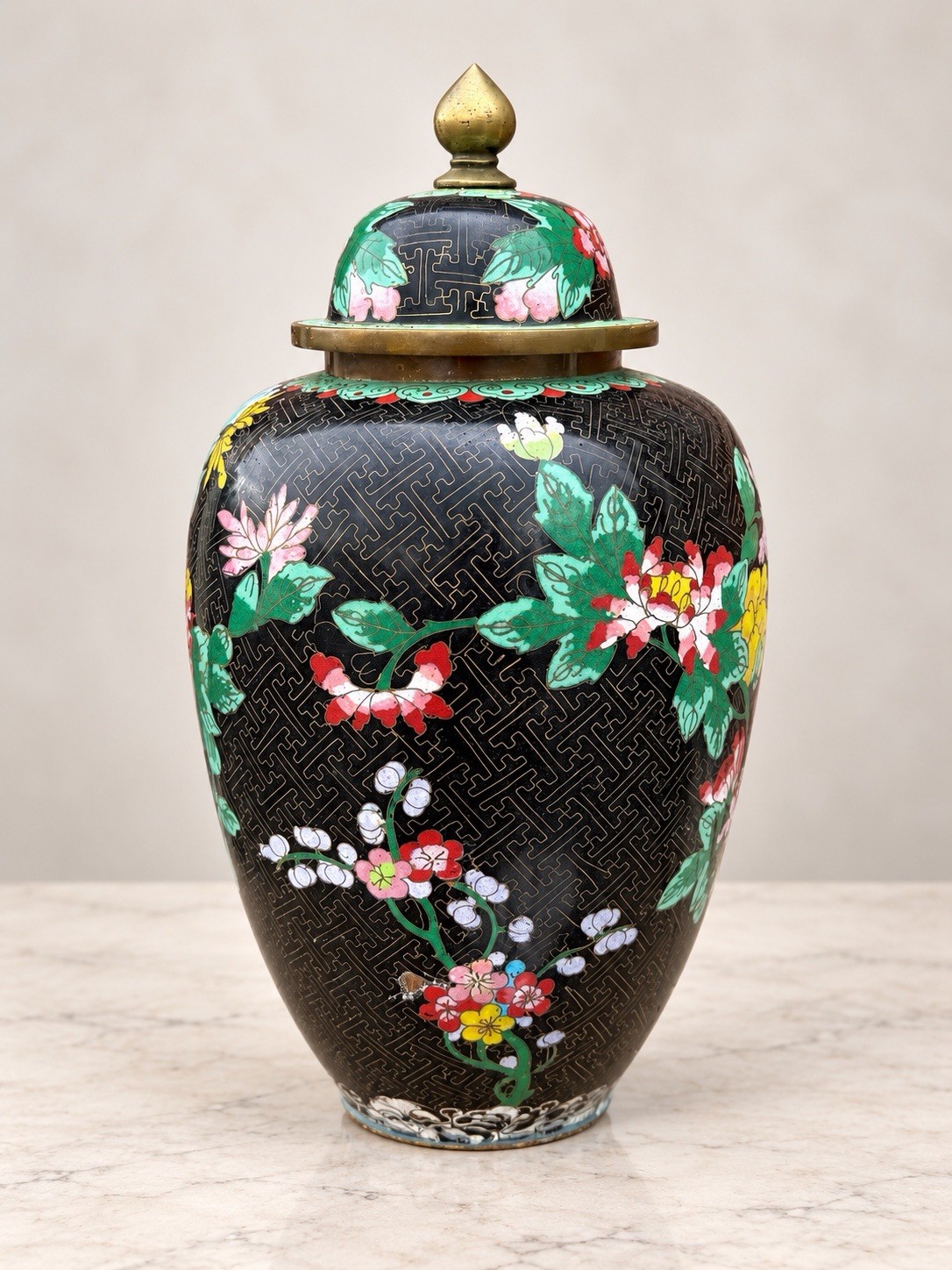 Vintage Chinese  Enamel with Brass floral Cloisonne lidded Ginger Jar or Urn 14H